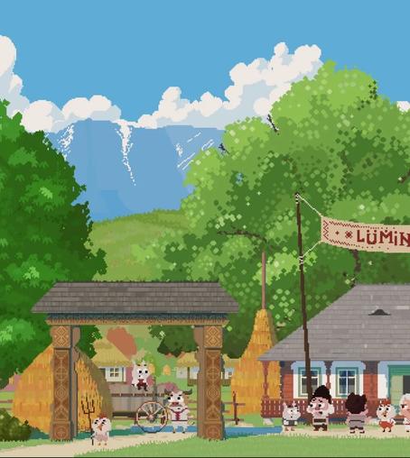 A pixel art illustration of a small village nestled in the mountains. With anthropomorphic characters participating at a local festival of happiness