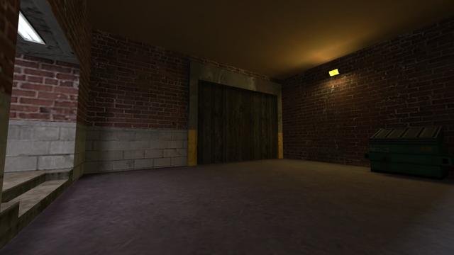 In this picture you can see a small open space. On the left you can see an entrance that is notorious with a white lamp. In the background you can see a wooden gate. To the right of it is an illuminated yellow lamp. In addition, there is another dumpster on the right edge of the picture. This is on the map cs_backalley in the game Counter-Strike 1.6.