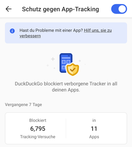 Bildschirmabzug vom DuckDuckGo Tracking Blocker mit über 6700 geblockten Trackingversuchen von 11 Apps in den letzten 7 Tagen