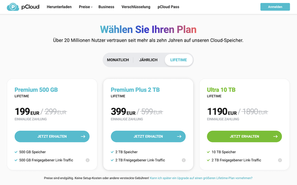 Screenshot der pCloud Angebotsseite mit noch mehr Rabatten für noch mehr Cloudspeicher.