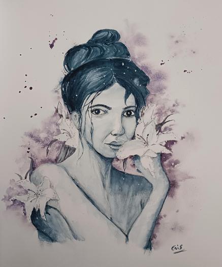 Acquerello Donna con fiori bianchi