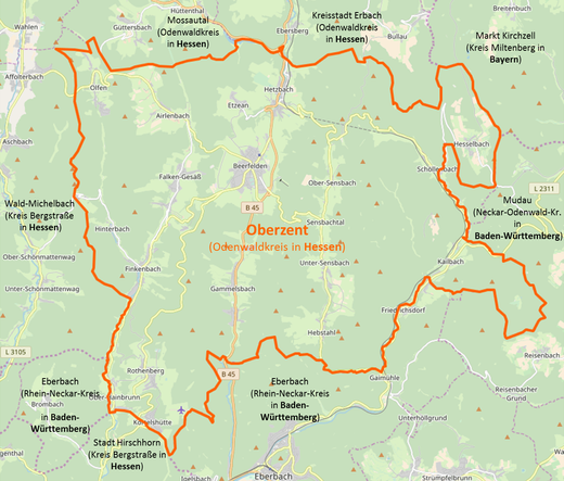 Landkarte von Oberzent im Odenwaldkreis:
Die Stadt Oberzent entstand im Jahr 2018 aus der Fusion von Rothenberg, Beerfelden, Sensbachtal und Hesseneck.