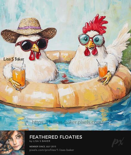 An art print of two chickens wearing sunglasses and summer hats, sitting in a pool floaty sipping on cocktails.