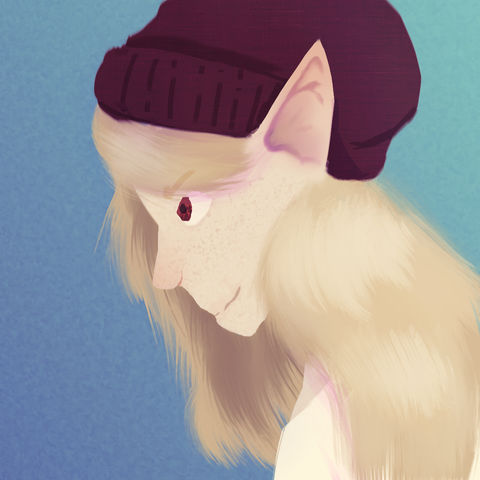 A digital painting of a man with long blond hair, long ears, similar to an elf's, and a maroon beanie. His head is bent down slightly but he is looking up with determination. He has a slight smile. He is set against a blue background.