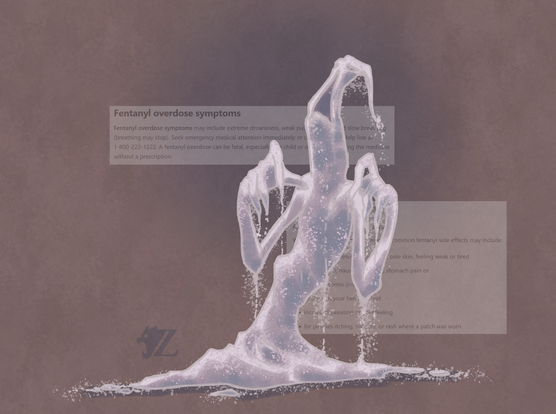 The Fentanyl Elemental, a highly dangerous creature made of amorphous white powder. It rises from a pile of the drug, long gangly arms and spindly fingers reaching up as to try to assault its target should it get too close. Given its almost moaning expression, head leaning back and starting to disintegrate from its own weight though, it seems like the only danger is IF you get too close. It doesn't seem terribly mobile or able to make sudden movements, very much akin to its namesake's effects on a human taking it.