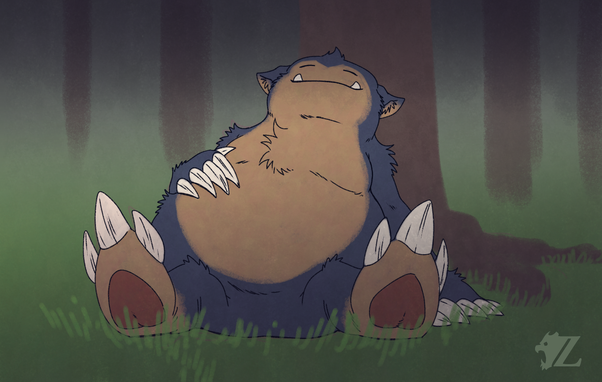 A loose sketch of a Snorlax, a large cat-like creature with blue fur and a cream-colored face, underbelly, and hind paws. It leans back against a tree, eyes closed and tusked mouth in a slight, relaxed smile, ears lowered a bit as well. Its fore paws have five long claws, hind paws with three even larger claws.