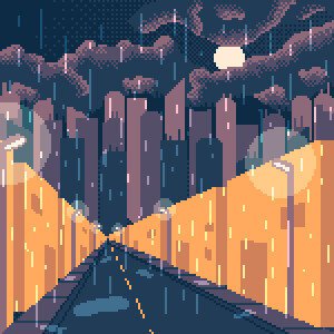 rainy night time city pixel art picture