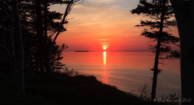 A red setting sun reflecting in the slightly rippled waters of the bay. There is a very low island visible on the horizon, named Ile Haut, which is strange as it is so low. There are dark trees on left and right of the frame with some of the dark shore visible in the foreground.
