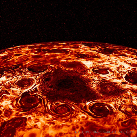 NASA Astronomy Picture of the Day  2025 March 9
https://apod.nasa.gov/apod/ap250309.html

NASA image caption:
Why are there so many cyclones around the north pole of Jupiter? The topic is still being researched. NASA's robotic Juno mission orbiting Jupiter took data in 2018 that was used to construct this stunning view of the curious cyclones at Jupiter's north pole. Measuring the thermal emission from Jovian cloud tops, the infrared observations are not restricted to the hemisphere illuminated by sunlight. They reveal eight cyclonic features that surround a cyclone about 4,000 kilometers in diameter, just offset from the giant planet's geographic north pole. Similar data show a cyclone at the Jovian south pole with five circumpolar cyclones. The south pole cyclones are slightly larger than their northern cousins. Oddly, data from the once Saturn-orbiting Cassini mission has shown that Saturn's north and south poles each have only a single cyclonic storm system.