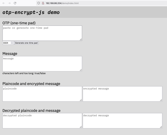 Webpage, title: "otp-encrypt-js demo"
6 textarea fields:
1: OTP (one-time pad)
2: Message
3: Plaincode
4: encrypted message
5: decrypted plaincode
6: decrypted message