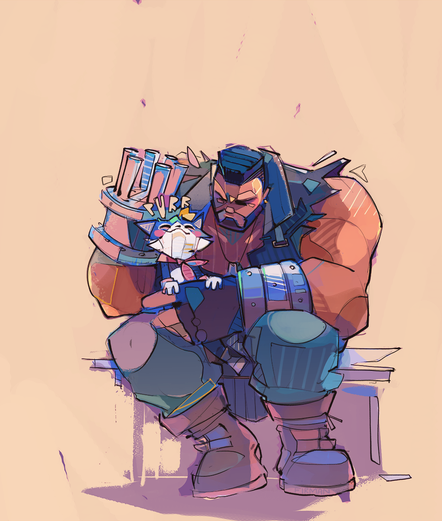 Art of Final Fantasy 7’s Barret Wallace sitting and holding Cait Sith (a tuxedo cat) on his lap.  Barret is a hulking muscular dude with a flat top fade and face that rests in a scowl.  His jacket has the sleeves torn off so that it is more of a vest.  His right hand is missing and replaced with a minigun, which he is using to pet Cait Sith (it hasn’t been recently fired, so the gun barrels are cool.  Nonetheless, please don’t pet cats with firearms.)  Cait Sith is stretching its head upwards to scritch against the metallic cuff of the contraption, with the word “purr” floating above its smiling face.