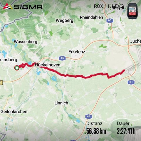 Screenshot von "Sigma" mit meiner Route auf einer Karte. Diese führt von HS an der Rand des Tagebaus, war gut 57km lang und hat knapp 2 1/2 Stunden gedauert.