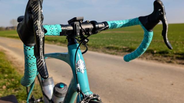 Nahaufnahme meines Bianchis von schräg vorne. Das Bianchi-Wappen am Steuerrohr glänzt in der Sonne.