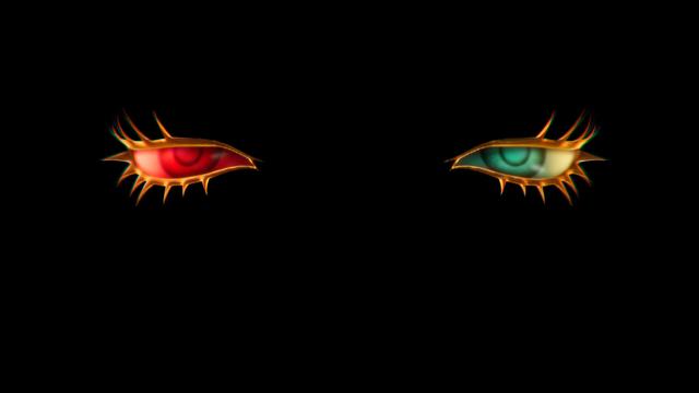 a black screen with two eyes looking at the viewer. the left one is red and the white one is green, both of them stylized