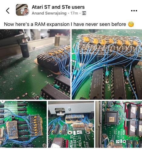 Picture(s) of an Atari ST motherboard sporting a very "handmade" looking RAM upgrade
