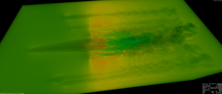 FluidX3D simulation of the X-wing with velocity raytracing visualization