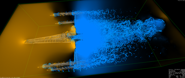 FluidX3D simulation of the X-wing with density raytracing visualization