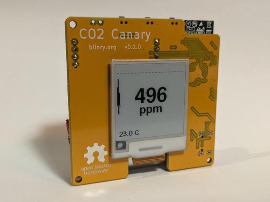A yellow device with a square e-ink display shows the CO2 concentration.