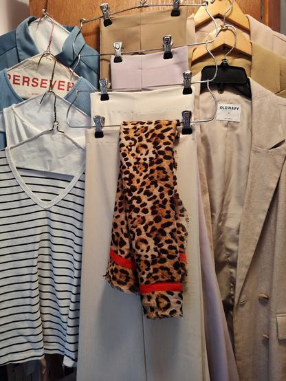 Beige, blue, lavender, stripes and leopard print shirts, trousers, and blazers hanging together ready for the week.