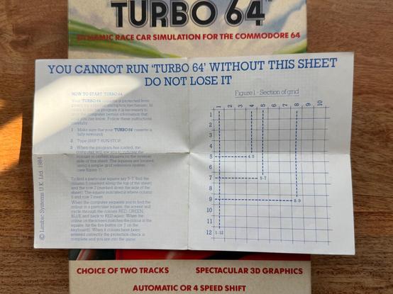 Cassette copy protection code sheet from the game Turbo 64 for the Commodore 64 - front view