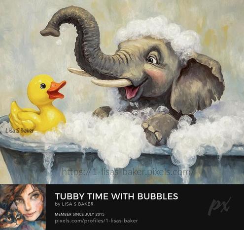 An art print of a cute elephant taking a bubble bath with his giant rubber ducky. Art by Lisa S Baker.
