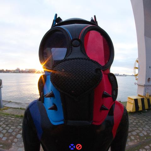 Fisheye close up picture of a latex covered drone pup with red and plus accent wearing a S10 equipped with a pup hood muzzle