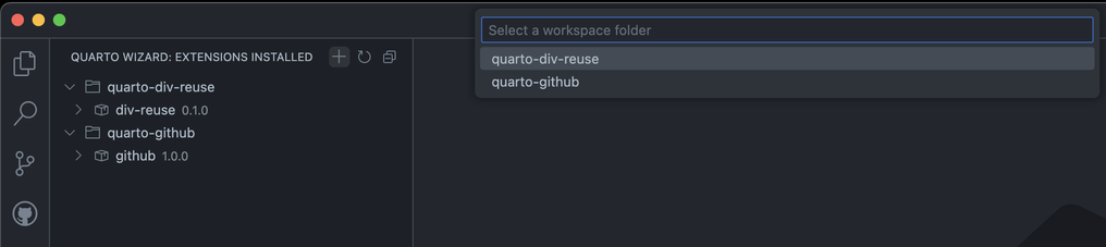 Screenshot of a code editor showing the Quarto Wizard with installed extensions. Two workspace folders, 'quarto-div-reuse' and 'quarto-github,' are visible. Each contains an extension: 'div-reuse 0.1.0' and 'github 1.0.0,' respectively. The image highlights the organization and versioning of Quarto extensions, offering insight for developers.