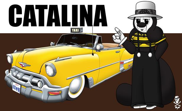Catalina standing in front of a yellow 1953 Chevrolet Bel-Air Convertible taxi. Crazy Taxi style.