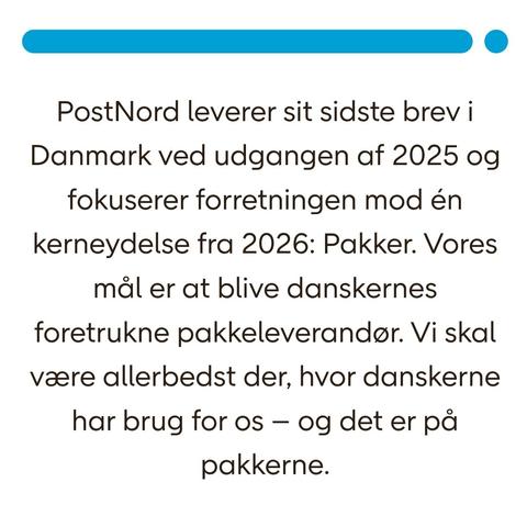 Info på danska om att danska postnord slutar leverera brev.