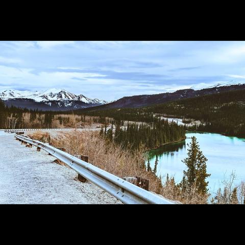 Photography of a Landscape in color, this is Emerald lake and mountains view in Yukon , Canada