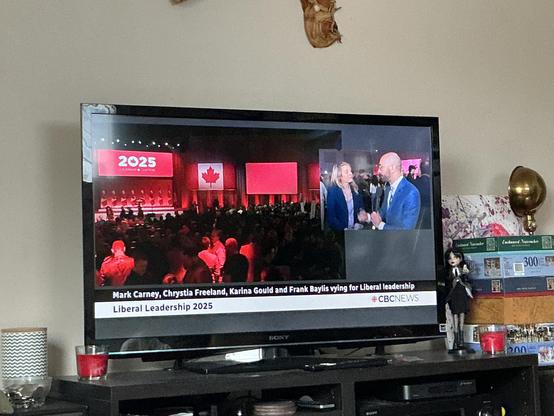 A woman and a man speak in a small overlay box on the TV screen while larger box shows the red huge conference floor.