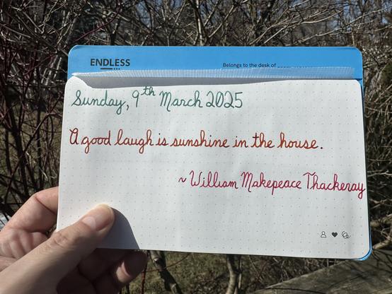 A pen quote of William Makepeace Thackeray that reads, βA good laugh is sunshine in the house.β
Written in Wearingeul Chicken in the Sky with Diamonds, Montblanc James Purdey & Sons Single Malt and Wearingeul Captain Hook.
