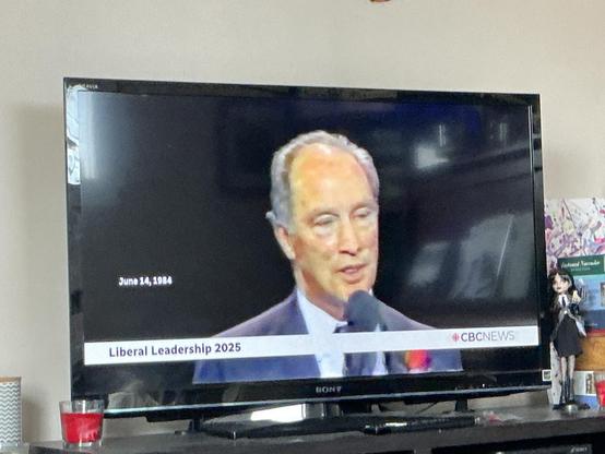 A picture of Pierre Trudeau at a microphone on June 14, 1984