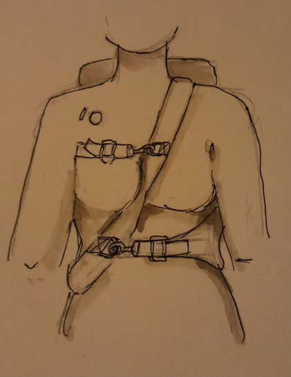 Petit schéma de la sangle slingshot passant au-milieu de la poitrine, avec la sangle poitrinière et la sangle de taille.