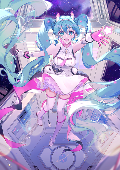 In a futuristic space station, Hatsune Miku is singing and performing in zero gravity high above the floor