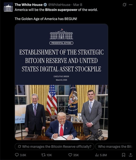 Tweet by @WhiteHouse
The Golden Age of America has BEGUN! ESTABLISHMENT OF THE STRATEGIC BITCOIN RESERVE AND UNITED STATES DIGITAL ASSET STOCKPILE