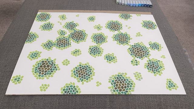 Same drawing as in parent post but with more shades of green, forming even more clusters of blobby shapes and beginning to cover the entire canvas