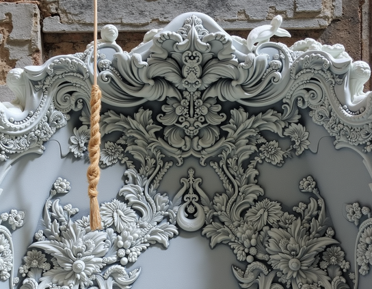A highly detailed baroque-style relief in white, featuring floral motifs and scrollwork, against a rustic wall, with a single twisted rope bell pull hanging in the foreground.