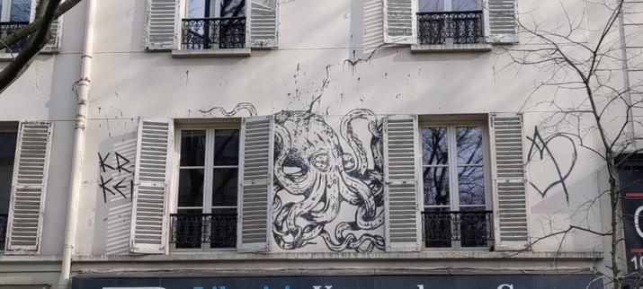 Façade d'un immeuble parisien avec des fenêtres équipées de persiennes en bois ouvertes, entre les deux fenêtres dessin d'un poulpe assez réaliste