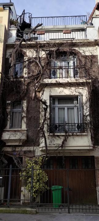 Un immeuble de 3 étages recouvert d'une énorme glycine sans feuille ni fleur, au dernier étage un escalier en colimaçon métallique permet d'accéder au toit