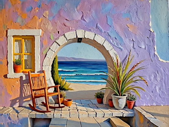 A Mediterranean-style patio with a wooden rocking chair, potted plants, and an arched stone opening revealing a stunning ocean view. Impasto oil paint style.