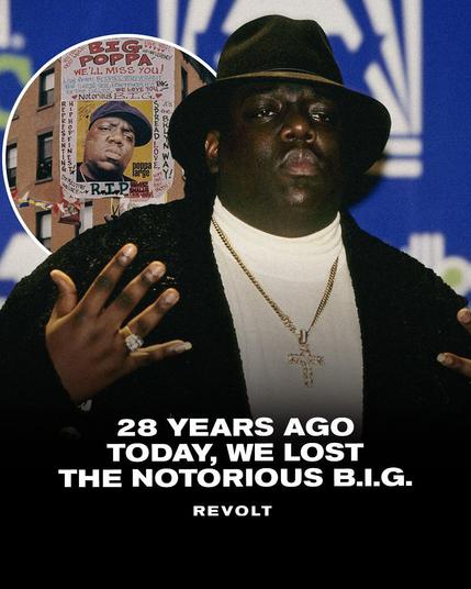 Alt-text:

A tribute image of a man wearing a hat and jewelry, superimposed with a remembrance poster and text about the Notorious B.I.G.

Transcribed Text:

BIG POPPA, WE'LL MISS YOU! RIP. 28 YEARS AGO TODAY, WE LOST THE NOTORIOUS B.I.G. REVOLT.