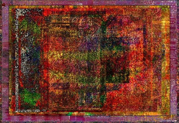Degraded dictionary pages in a mix of red, green, and brown hues. The deconstructed text varies in size and detail.