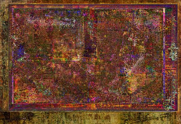 Degraded dictionary pages in a mix of burnt orange, green, and brown hues. The deconstructed text and asemic writing varies in size and detail.