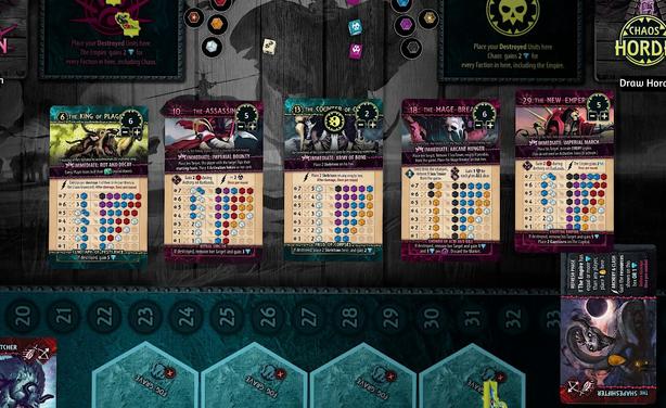 Tabletop simulator screenshot from Uprising Curse of the Last Emperor. It shows five Legion and Horde cards lined up: King of Plagues, The Assassin, The Counter of Omens, The Mage Breaker, and The New Emperor.