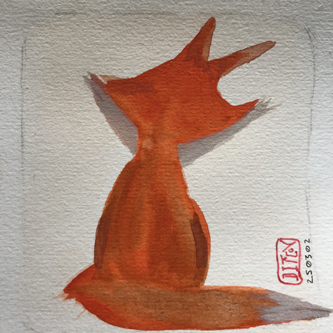Watercolour illustration of a fox seen from behind