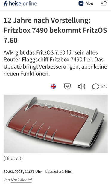 Screenshot auf einen kurzen Artikel bei heise.de über dieses Firmware Update