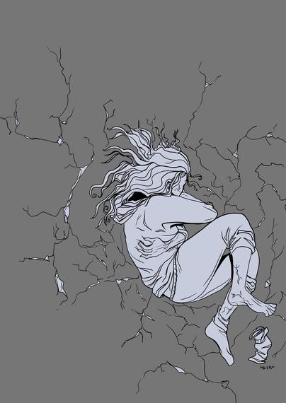 a digital drawing of a woman surrounded by cracks, with some of the cracks creeping up her skin.