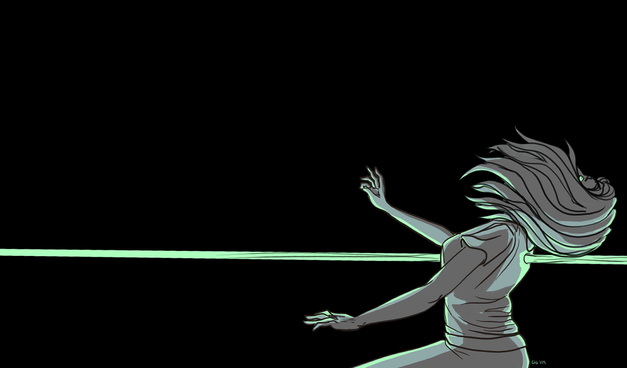 a drawing of a woman pierced by a beam.
