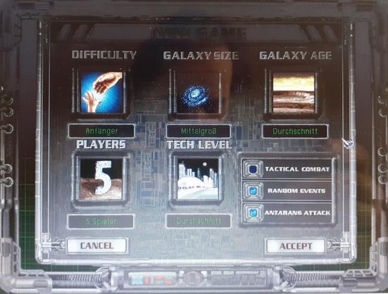 Deutsches Auswahlmenü zum Spiel starten, dort kann man Mitspieleranzahl, Galaxiegröße, Schwierigkeitsgrad und die Planetenumgebung einstellen.